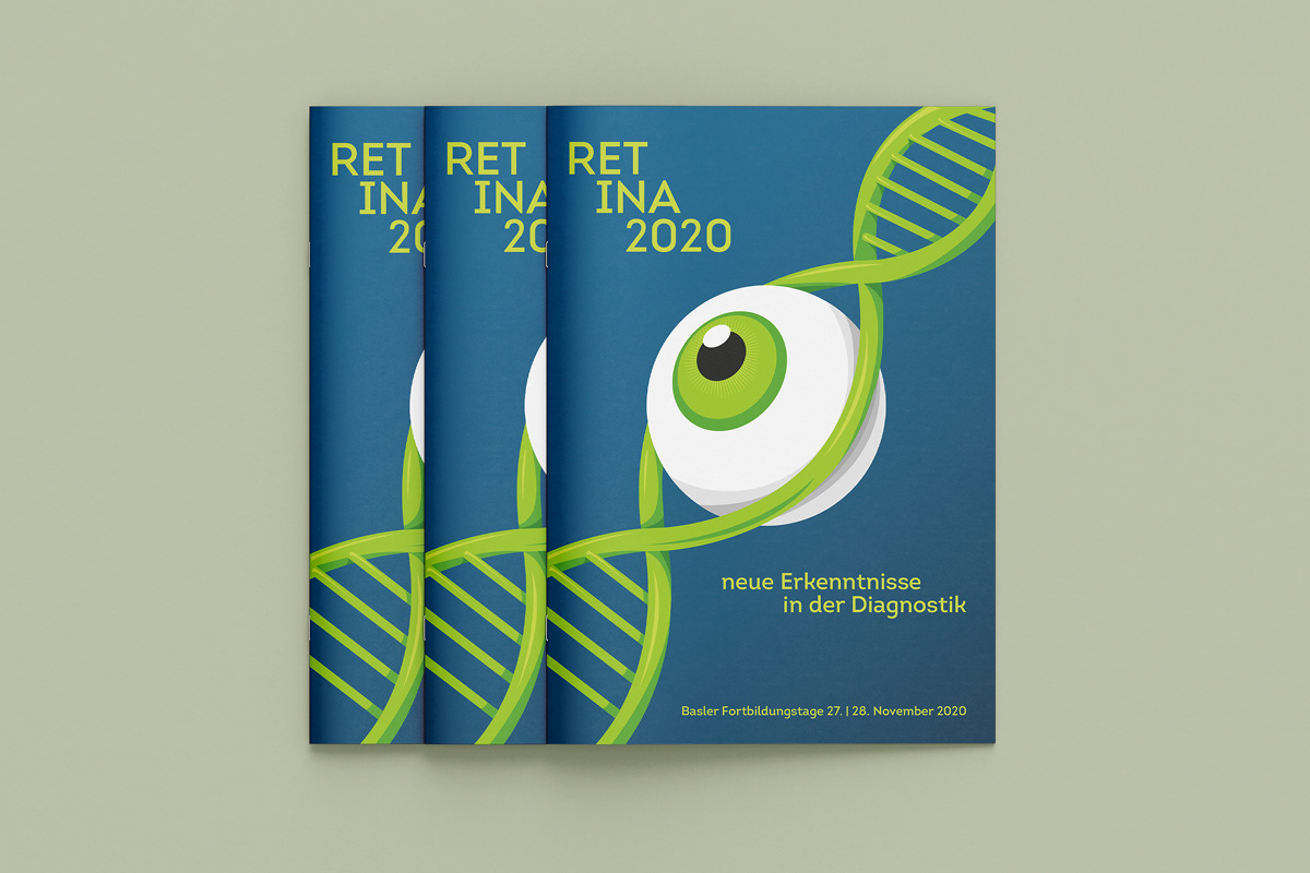 Broschürendesign für die Basler Fortbildungstage Retina 2020 mit Auge im Genstrang – Nils Bärfuss