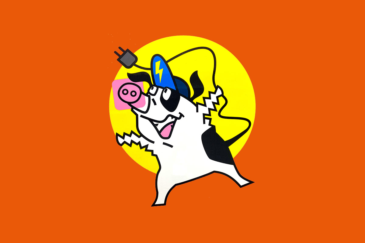 Illustration des Schweinehund-Maskottchens mit Steckerschwanz und Mütze für das Tiefbauamt Basel