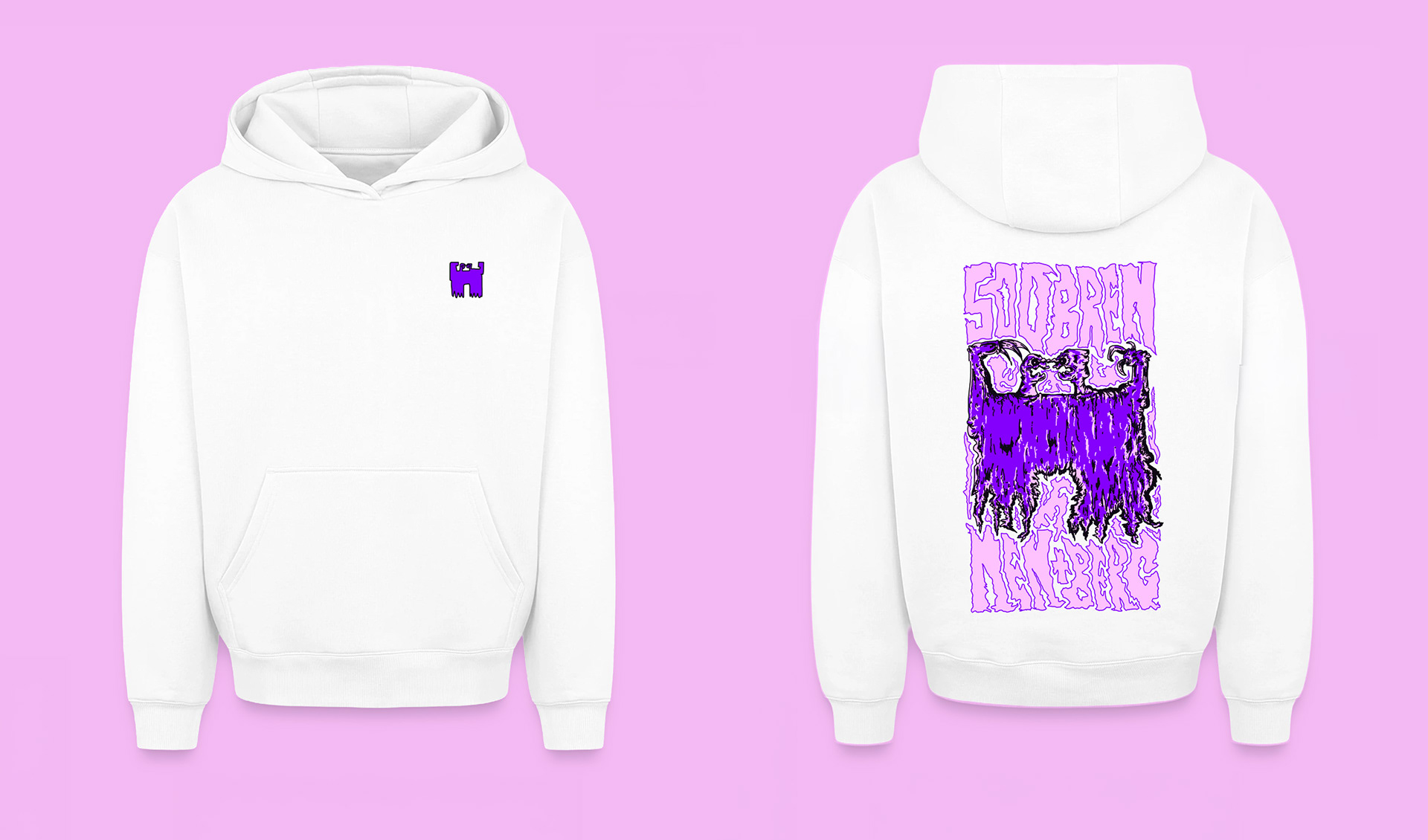 Weißer Hoodie mit lila Manifesto-Print auf der Rückseite und kleinem Brustlogo