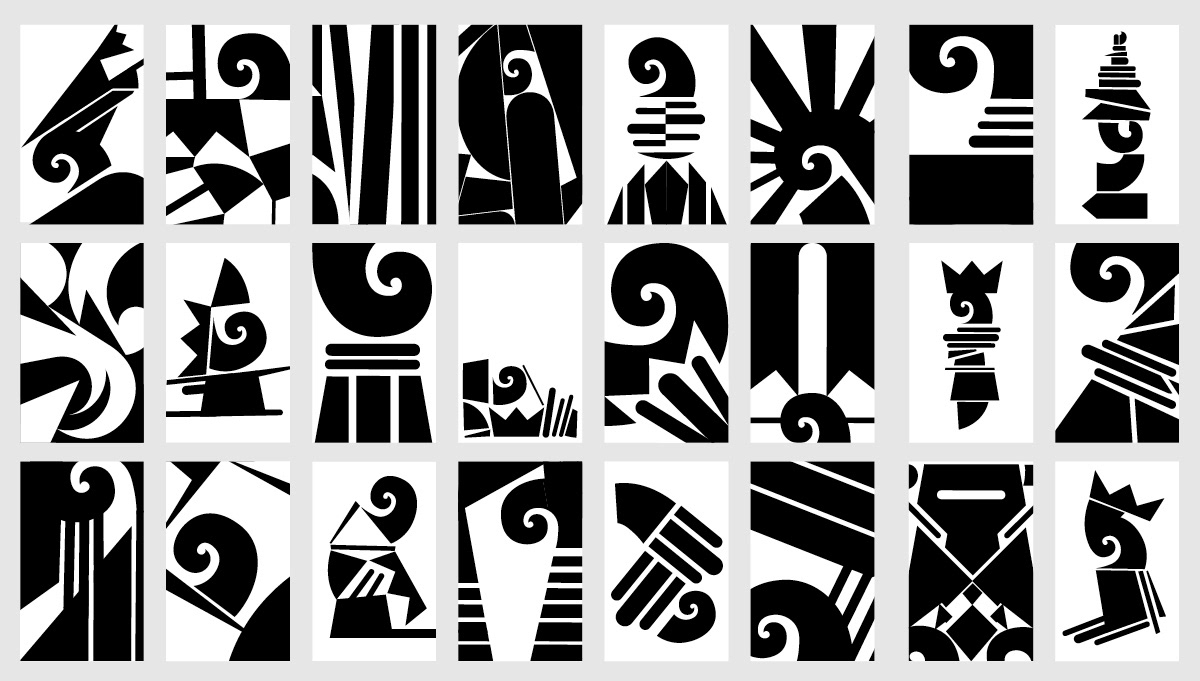 24 grafische Schwarz-Weiss-Varianten des neugestalteten Baslerstabs – Editorial Design von Nils Bärfuss