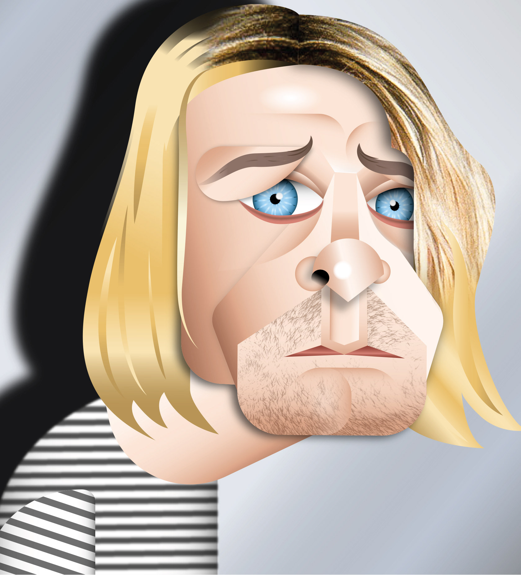 Digitale Karikatur des Musikers Kurt Cobain mit blonden Haaren und gestreiftem Oberteil