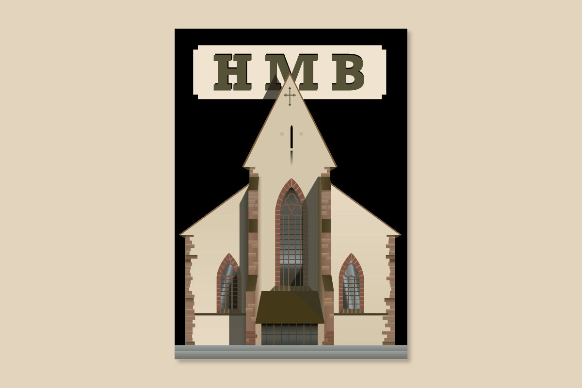 Grafisches Plakat für das Historische Museum Basel mit stilisierter Kirchenarchitektur