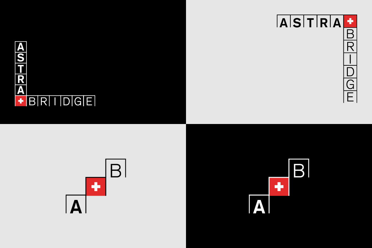 Logo-Varianten der ASTRA Bridge in horizontaler, vertikaler und reduzierter Monogramm-Form auf hellem und dunklem Hintergrund