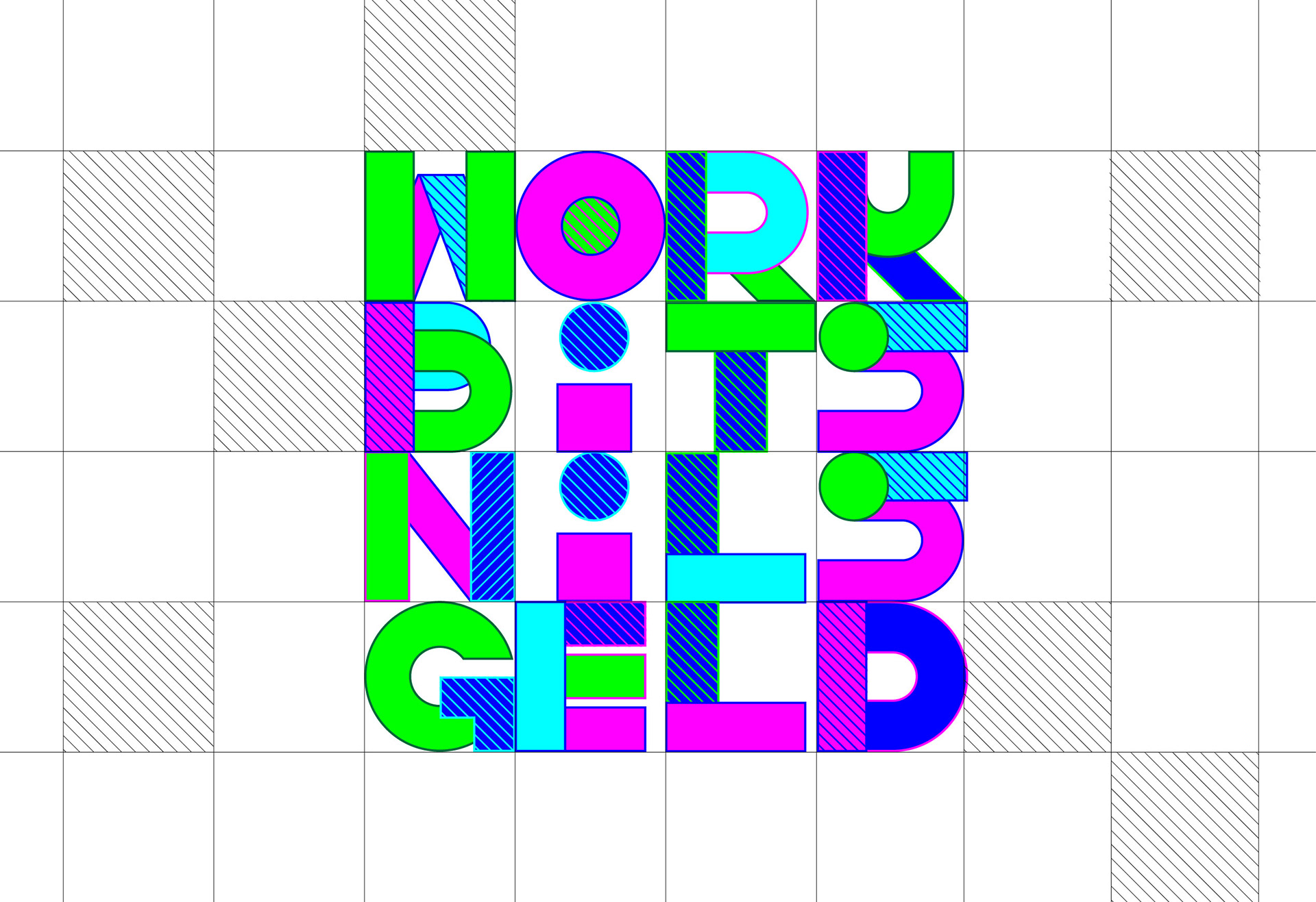 Farbenfrohe typografische Komposition mit dem Bärfuss Font auf einem quadratischen Design-Grid