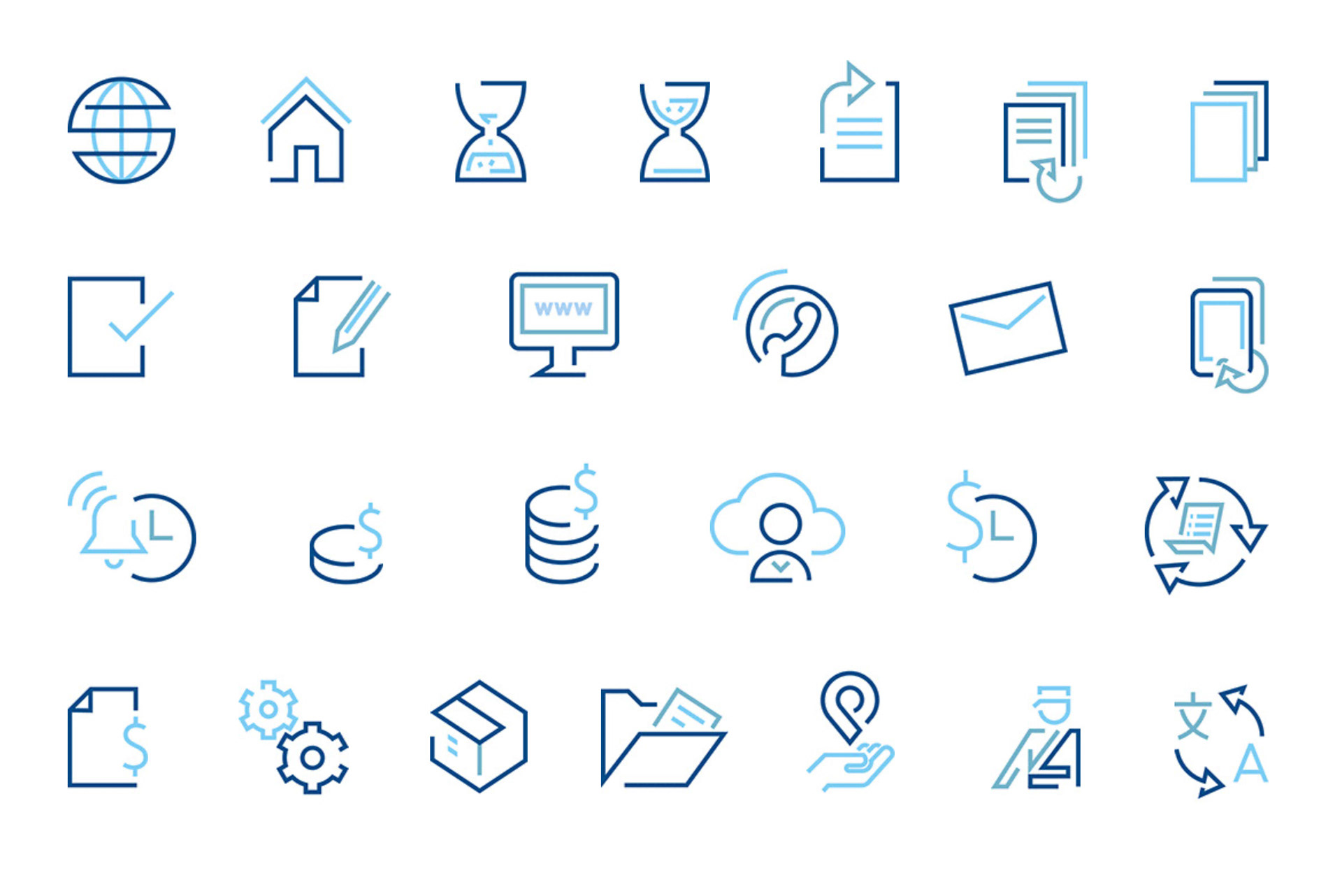 Umfangreiches blaues Icon-Set für Content Ed Net zur visuellen Darstellung medizinischer und digitaler Prozesse