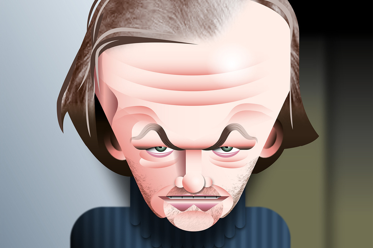 Digitale Karikatur von Jack Nicholson im Film The Shining mit charakteristischem grimmigem Blick
