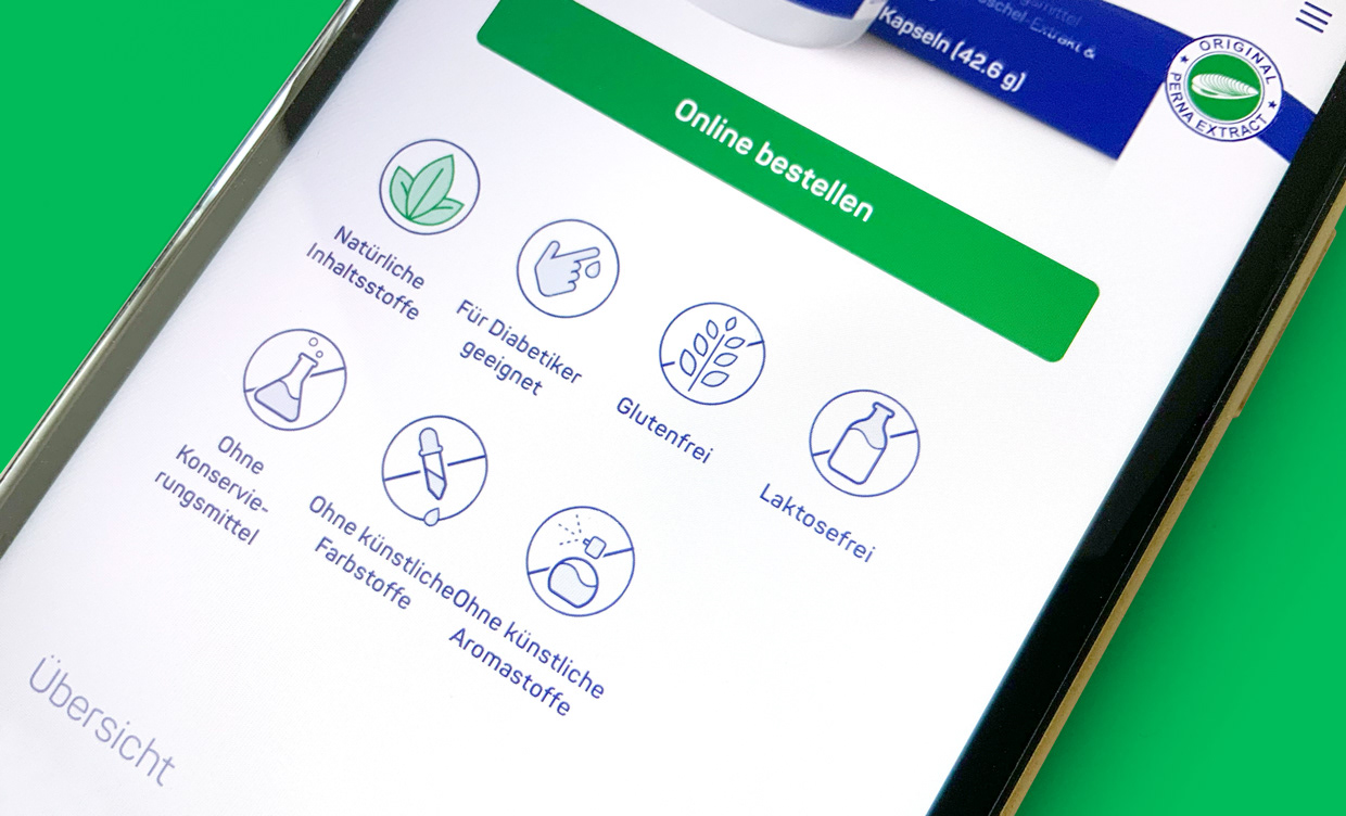 Icon-Set für Pernaton zur Kennzeichnung von Produktmerkmalen wie Glutenfrei, Laktosefrei und Ohne Konservierungsstoffe