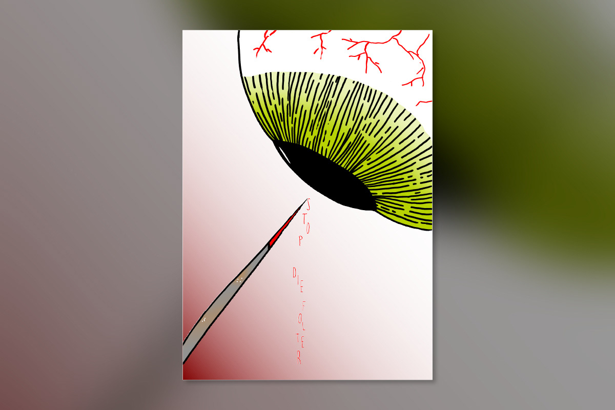 Plakat zum Thema Menschenrechte mit Zeichnung einer Nadel, einem Auge und dem Schriftzug Stopp die Folter