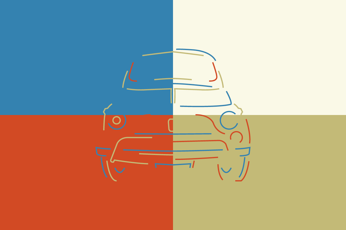 Stilisierte Linienzeichnung eines Oldtimers auf einem vierfarbigen Hintergrund als Teil des Corporate Designs