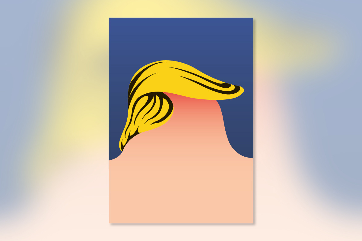 Satirisches Plakat mit reduzierter Illustration von Donald Trumps Frisur als entzündeter Hautpickel
