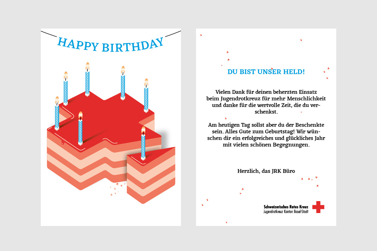 Geburtstags-Dankeskarte des Jugendrotkreuzes Basel-Stadt mit Kuchen-Illustration und Danksagungstext