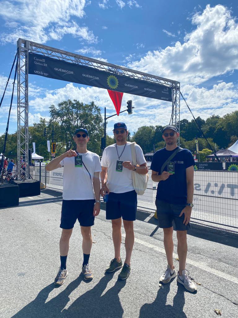 The hosts of the Cycling Fashion Week podcast at the finish line of the Grand Prix Cyclistes de Montreal.