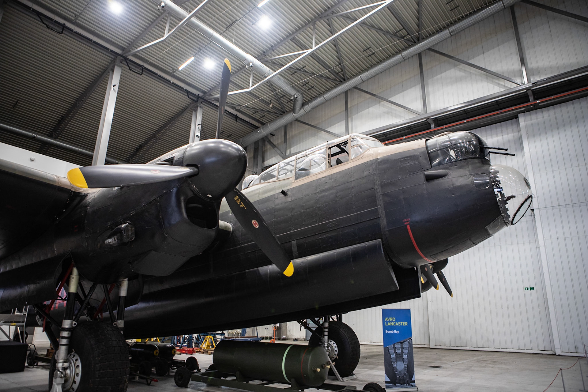 The Avro Lancaster, commonly known as the Lancaster Bomber, is a British Second World War heavy bomber. It was designed and manufactured by Avro as a contemporary of the Handley Page Halifax, both bombers having been developed to the same specification, as well as the Short Stirling, all three aircraft being four-engine heavy bombers adopted by the Royal Air Force (RAF) during the same era.