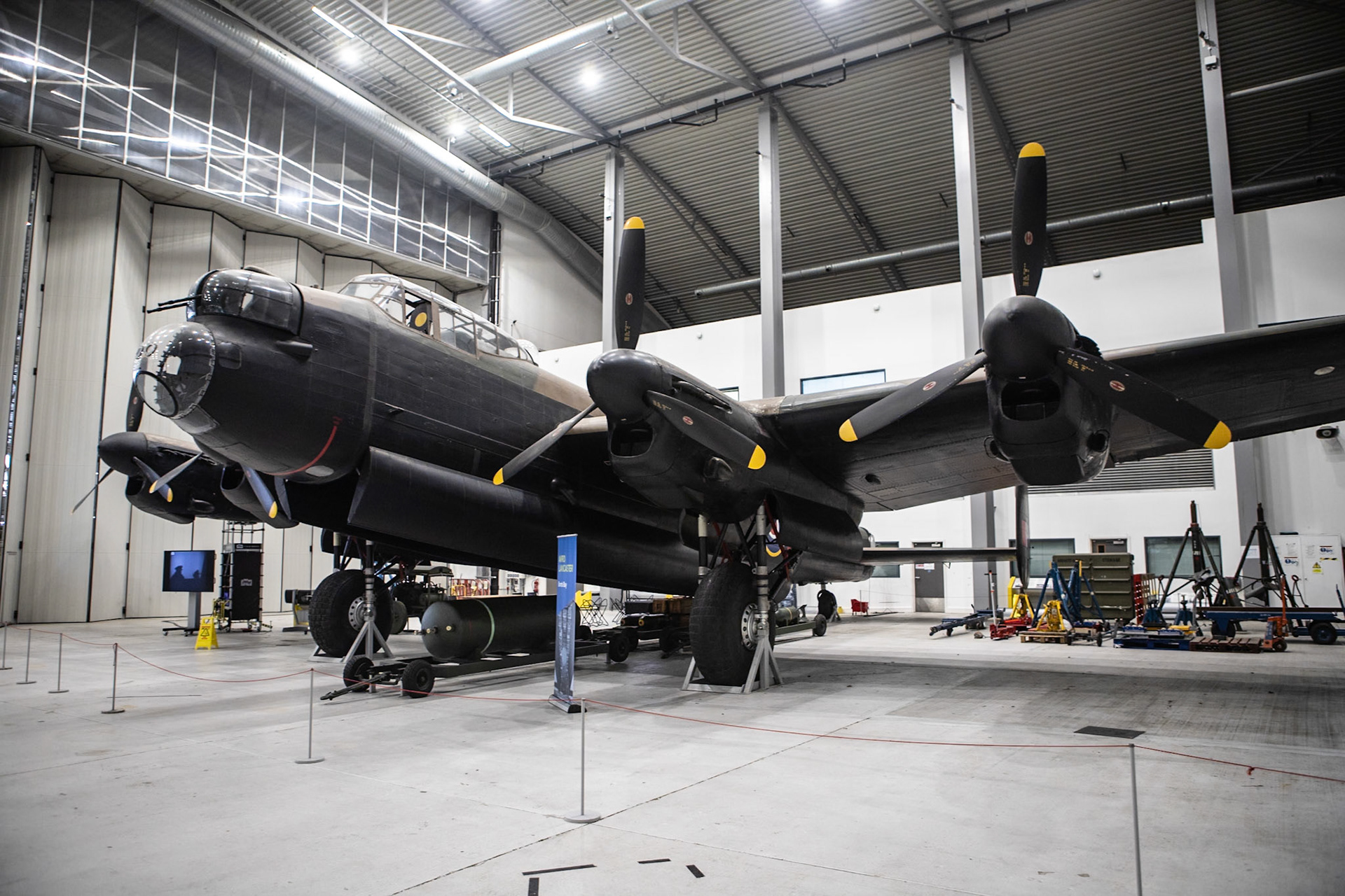 The Avro Lancaster, commonly known as the Lancaster Bomber, is a British Second World War heavy bomber. It was designed and manufactured by Avro as a contemporary of the Handley Page Halifax, both bombers having been developed to the same specification, as well as the Short Stirling, all three aircraft being four-engine heavy bombers adopted by the Royal Air Force (RAF) during the same era.