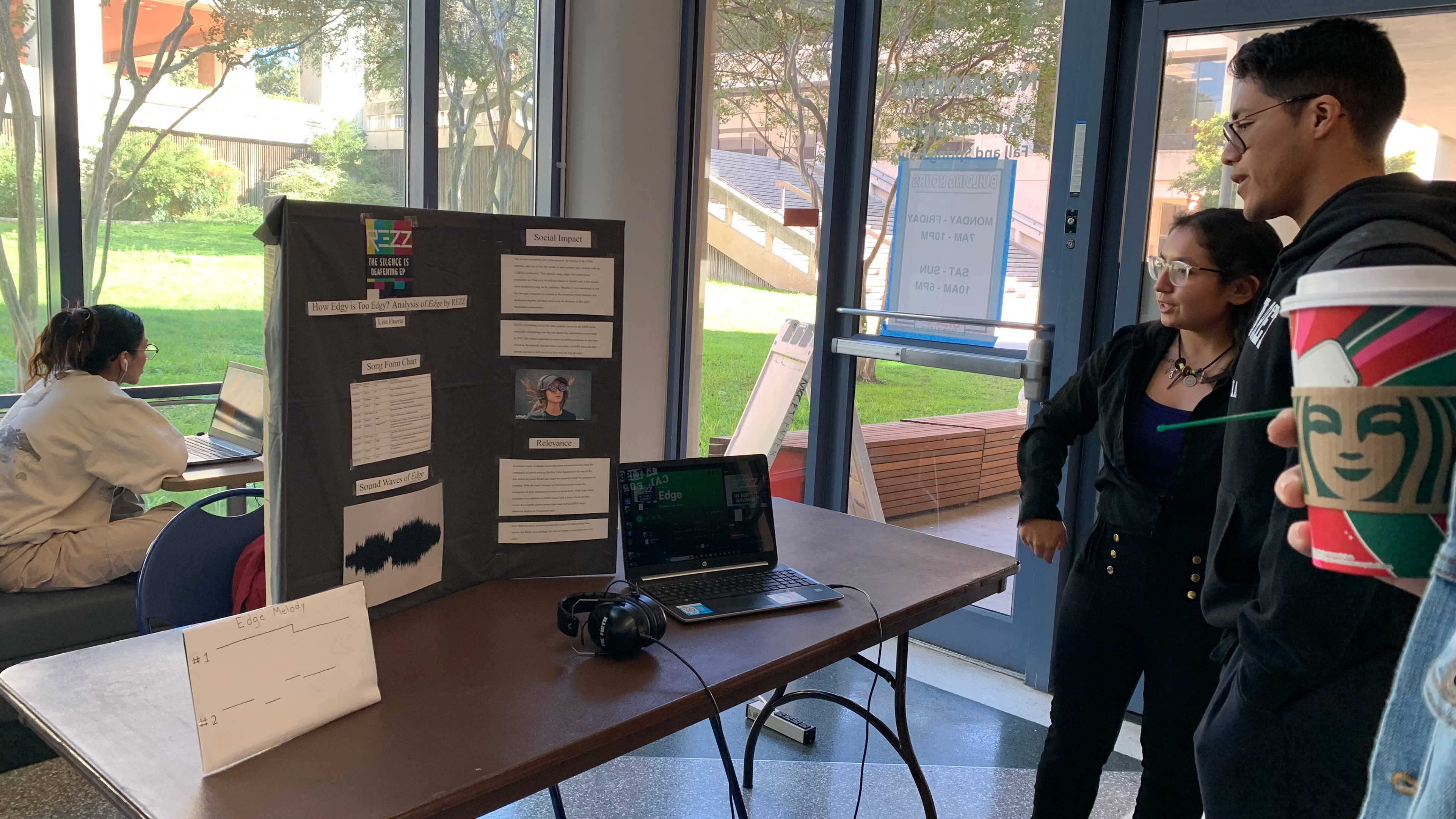 Lisa Huerta presents on "Edge" by REZZ to audience members, interspersed with audio demonstrations of the song.