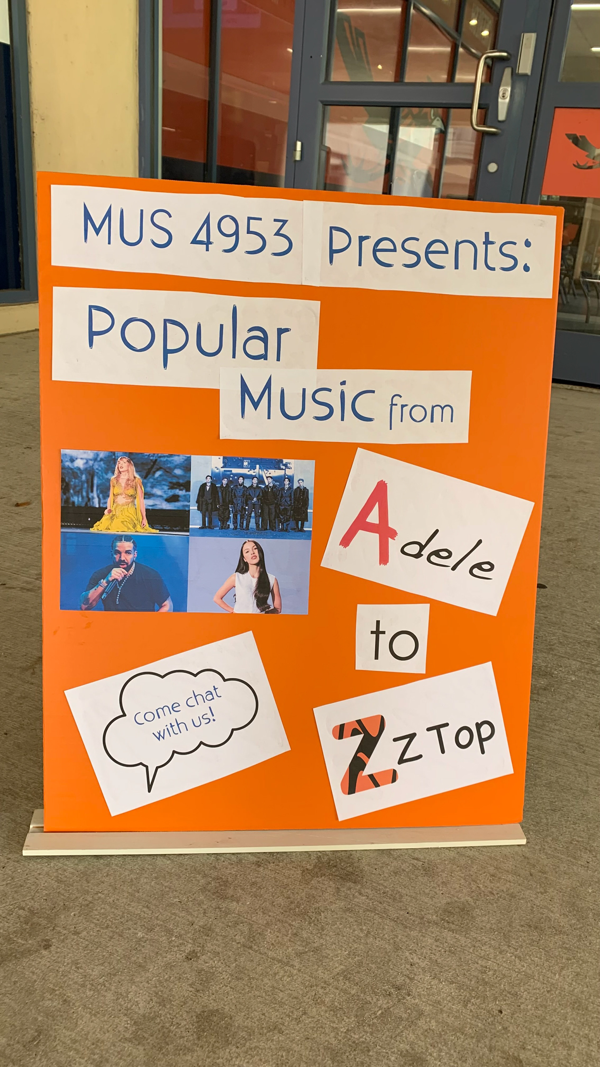 MUS 4953 Presents: Popular Music from Adele to ZZ Top, in the UTSA Student Union Lobby. Tuesday, November 28, 2023, 1:00 – 2:15 PM.