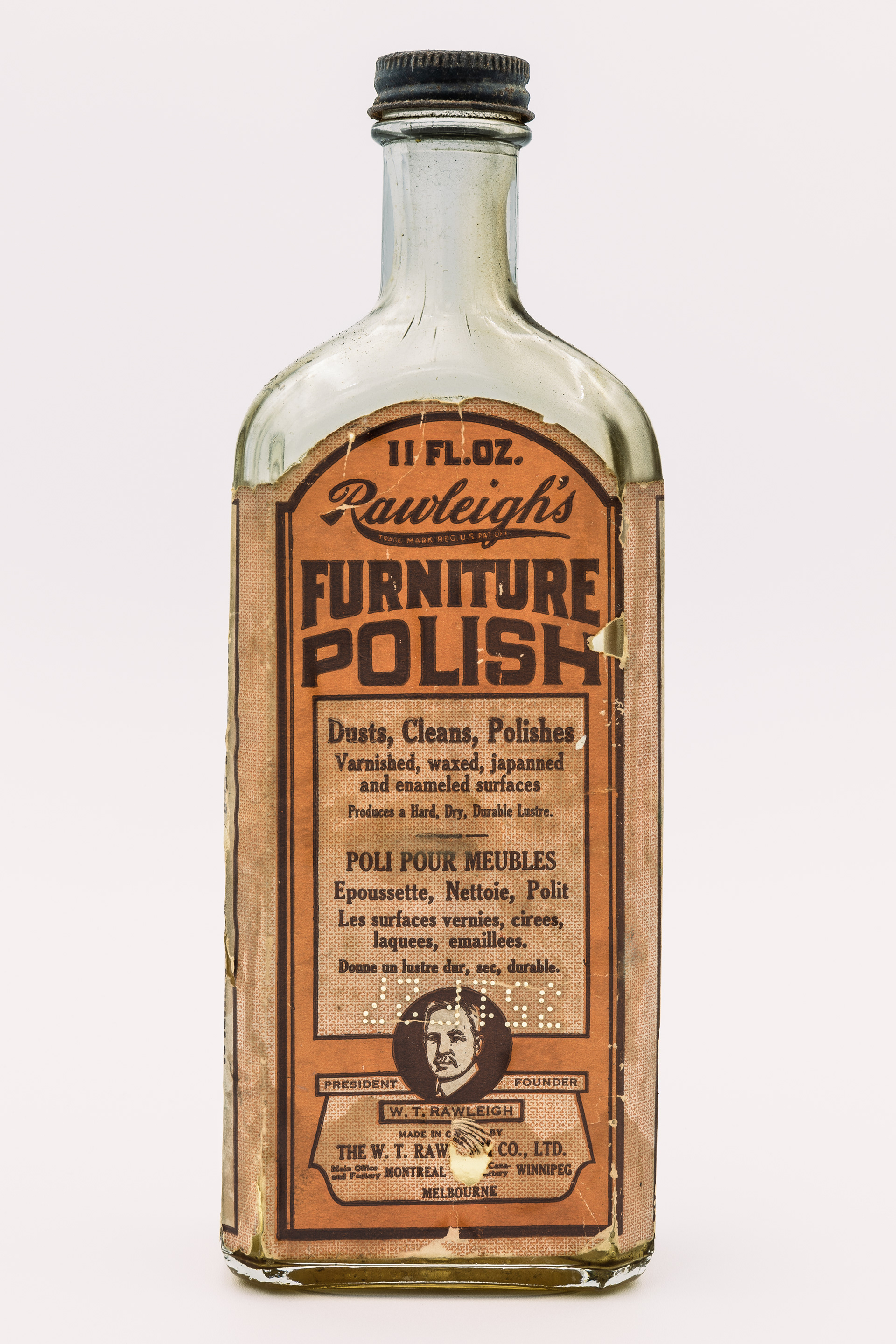 Aged Rawleigh's Furniture Bottle no. 1 W.T. Rawleigh Co. LTD c. 1920s based on a google search.