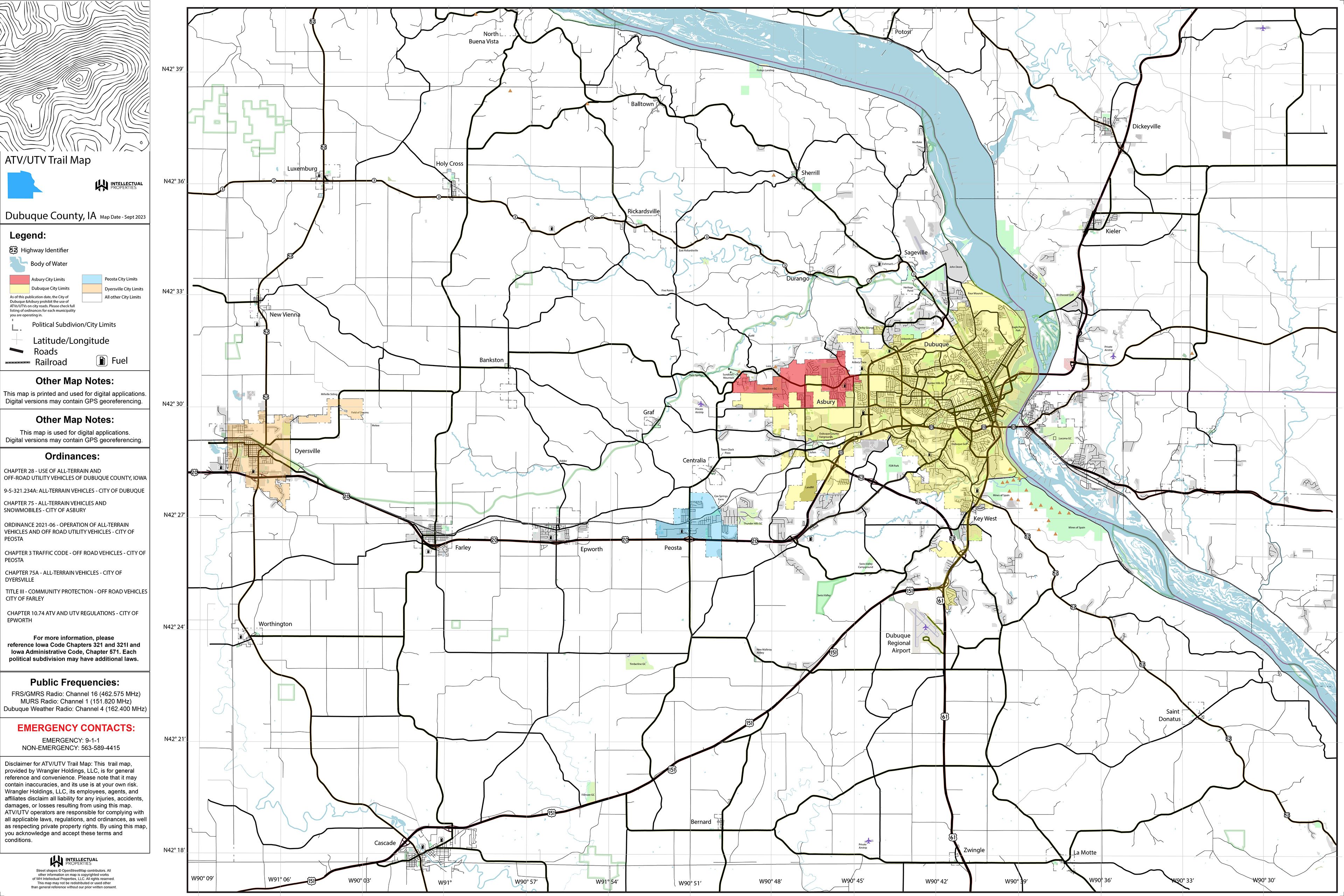 Dubuque County ATV/UTV Map. © 2023 WH Intellectual Properties, LLC. All rights reserved. You may not copy, reproduce, distribute, publish, display, perform, modify, create derivative works, print, transmit, or in any way exploit any such content, nor may you distribute any part of this content over any network, including a local area network, sell or offer it for sale, or use such content to construct any kind of database.