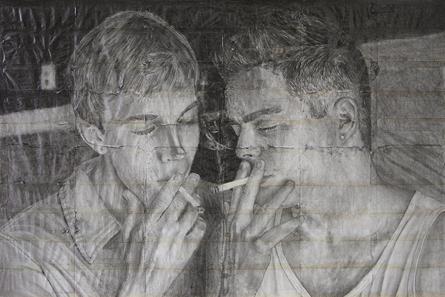 Liam and Ryan | 2021 | Pencil on fag (cigarette) papers | 40.4cm x 27cm