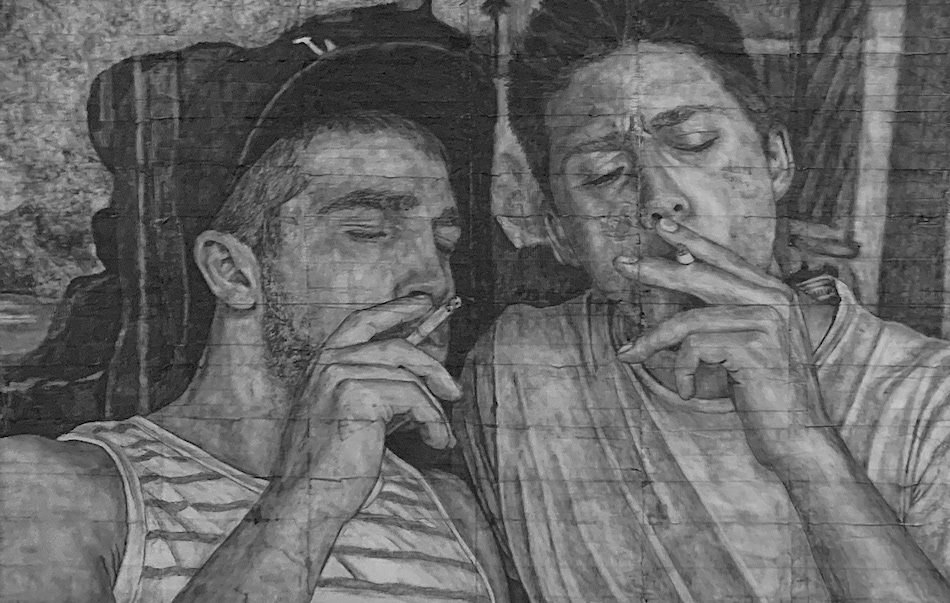 Harry and Tom (2024) | 2024 | Pencil on fag (cigarette) papers | 39.2cm x 25cm