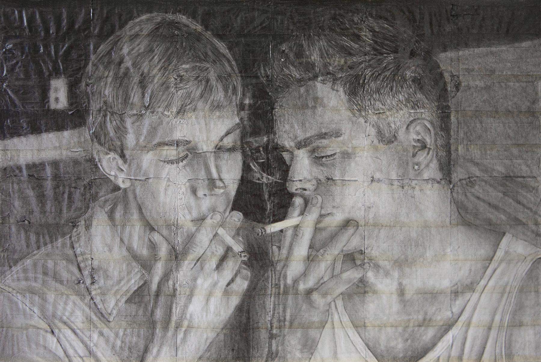 Liam and Ryan | 2021 | Pencil on fag (cigarette) papers | 40.4cm x 27cm