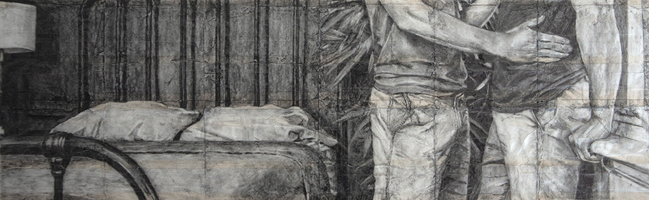 Jon and Anthony | 2023 | Pencil on fag (cigarette) papers | 39.8cm x 12.3cm