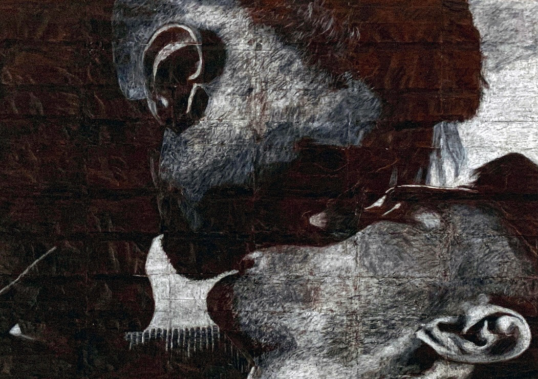 Brian and Oscar   |   2026   |   Black and white coloured pencils on liquorice fag (cigarette) papers   |   26.3cm x 37.7cm