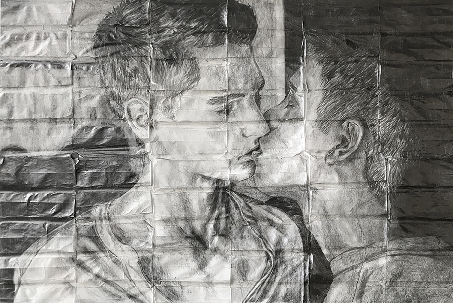 Leo and Brian | 2020 | Pencil on fag (cigarette) papers | 41cm x 28cm