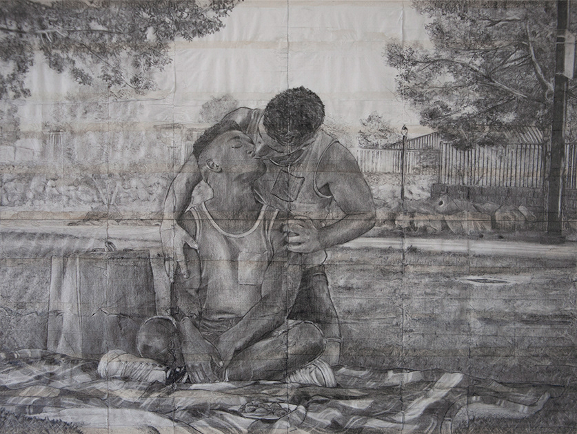 Kenny and Craig | 2021 | Pencil on fag (cigarette) papers | 35.5cm x 26.7cm