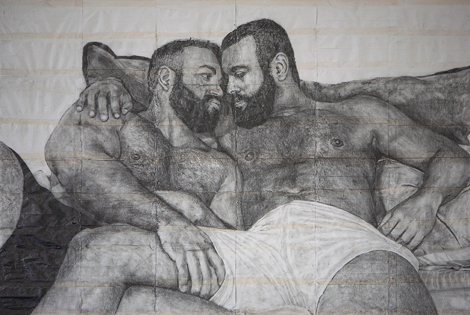 Benjamin and Xavier | 2022 | Pencil on fag (cigarette) papers | 40.2cm x 26.9cm