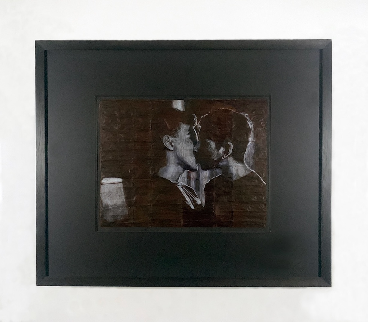 Nico and Marcus | Coloured pencil on liquorice fag (cigarette) papers | 51.5cm x 62.1cm x 4.3cm   2026 | Framed in stained and waxed wood with anti-reflective, UV-filtering glazing | £2,000.00