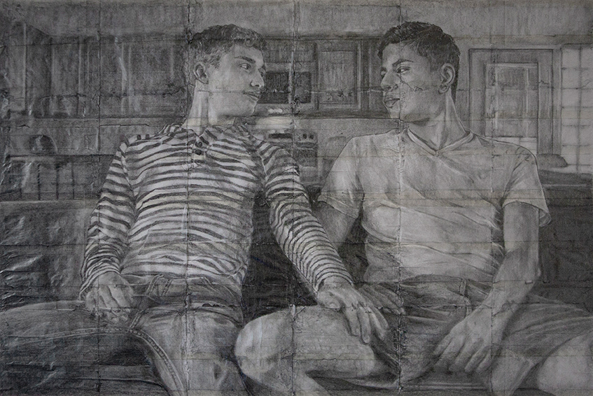π΄ Dominic and Andy | 2021 | Pencil on fag (cigarette) papers | 40.4cm x 27cm