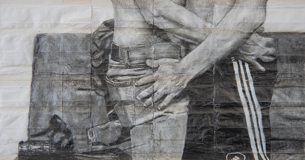 Rhys and Taylor | 2023 | Pencil on fag (cigarette) papers | 23.1cm x 9.6cm