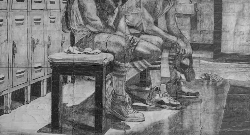 π΄ Christian and Luke | 2023 | Pencil on fag (cigarette) papers | 33.7cm x 18.3cm