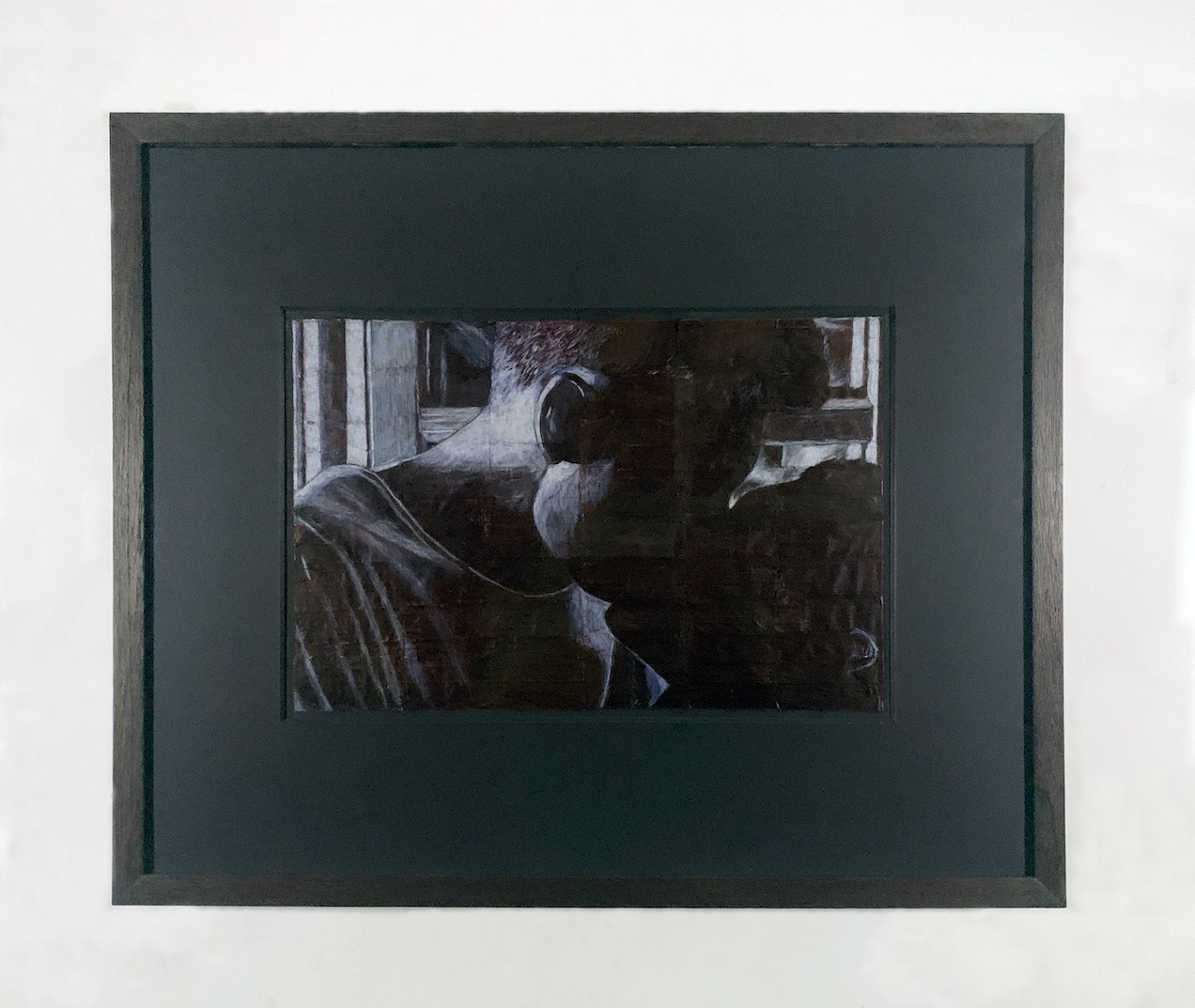 Simon and Tomas | Coloured pencil on liquorice fag (cigarette) papers | 51.5cm x 62.1cm x 4.3cm   2026 | Framed in stained and waxed wood with anti-reflective, UV-filtering glazing | £2,000.00