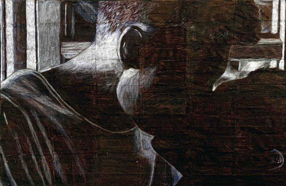 Simon and Tomas   |   2026   |   Black and white coloured pencils on liquorice fag (cigarette) papers   |   25.5cm x 38.6cm