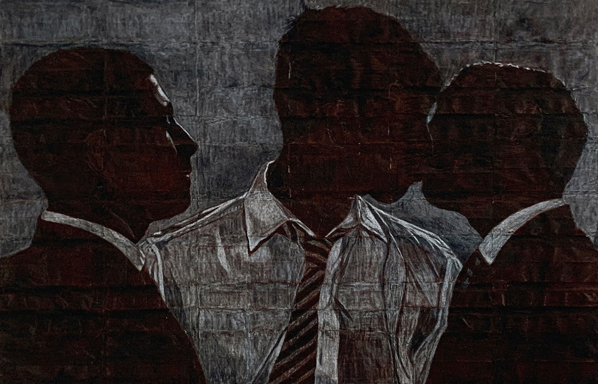 Elias, Caleb and Issac   |   2026   |   Black and white coloured pencils on liquorice fag (cigarette) papers   |   25.2cm x 38.5cm