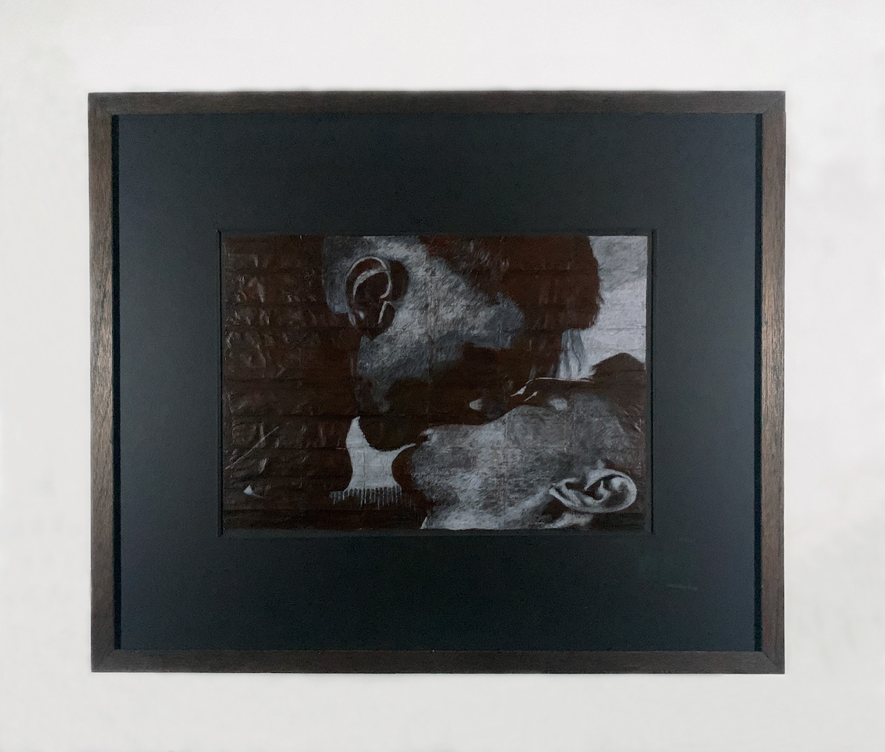 Brian and Oscar | Coloured pencil on liquorice fag (cigarette) papers | 51.5cm x 62.1cm x 4.3cm   2026 | Framed in stained and waxed wood with anti-reflective, UV-filtering glazing | £2,000.00