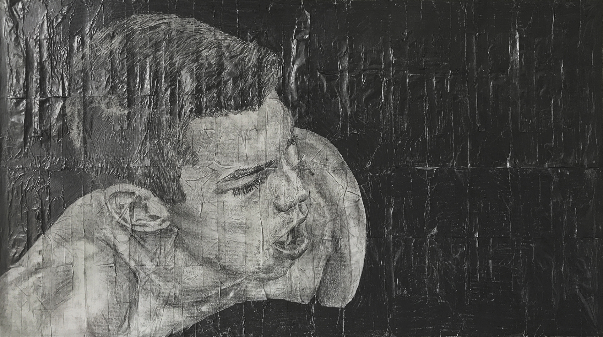 Thomas and ■■■ | 2020 | Pencil on fag (cigarette) papers | 42cm x 23.5cm