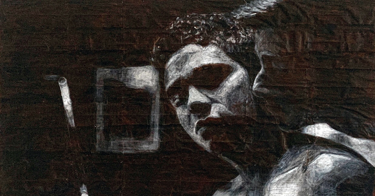Remy and Sebastien   |   2026   |   Black and white coloured pencils on liquorice fag (cigarette) papers   |   20.6cm x 38.1cm