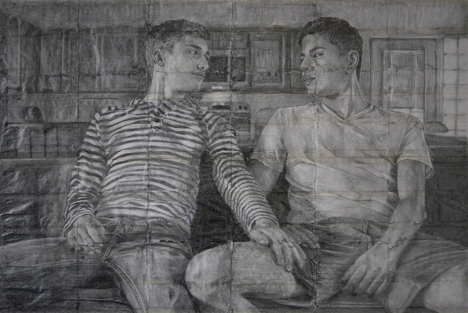 Dominic and Andy | 2021 | Pencil on fag (cigarette) papers | 40.4cm x 27cm
