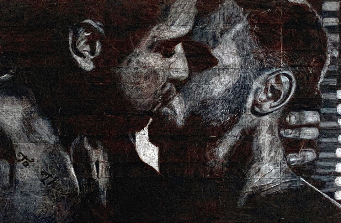 Felix and Omar   |   2026   |   Black and white coloured pencils on liquorice fag (cigarette) papers   |   25.2cm x 38.5cm