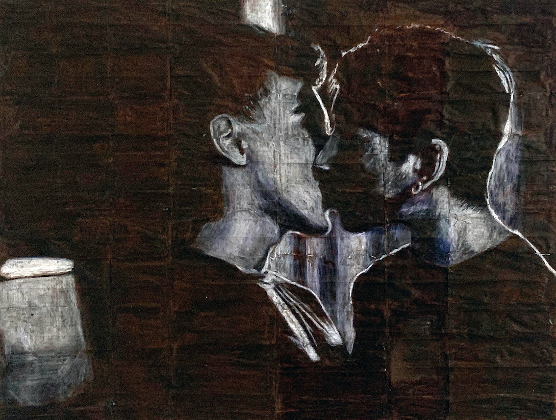 Nico and Marcus   |   2026   |   Black and white coloured pencils on liquorice fag (cigarette) papers   |   26.3cm x 34.9cm