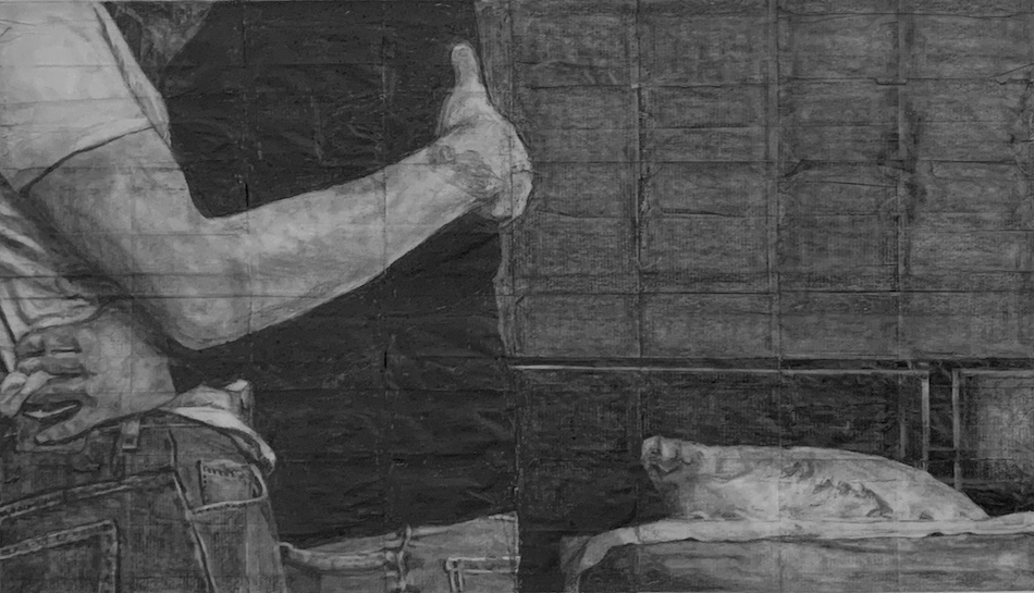 Luca and Finn   |   2024   |   Pencil on fag (cigarette) papers   |   16cm x 28.2cm