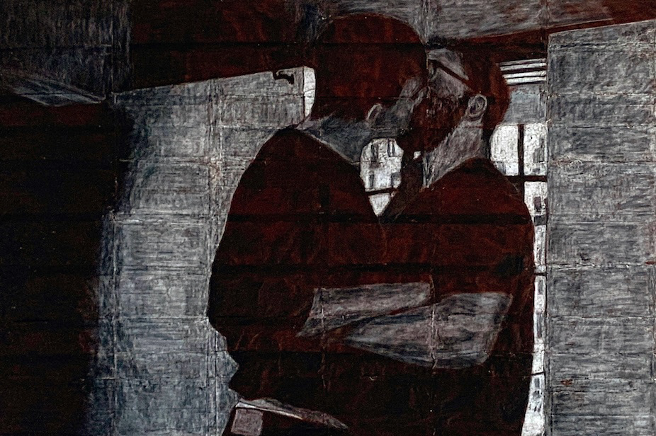 Arlo and Gus   |   2026   |   Black and white coloured pencils on liquorice fag (cigarette) papers   |   26.3cm x 38.4cm