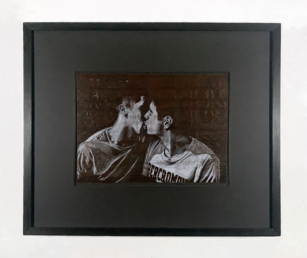Julian and Andre | Coloured pencil on liquorice fag (cigarette) papers | 51.5cm x 62.1cm x 4.3cm   2026 | Framed in stained and waxed wood with anti-reflective, UV-filtering glazing | £2,000.00