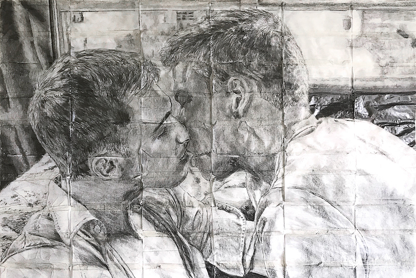 π΄ Phil and Jacob | 2020 | Pencil on fag (cigarette) papers | 41cm x 28cm