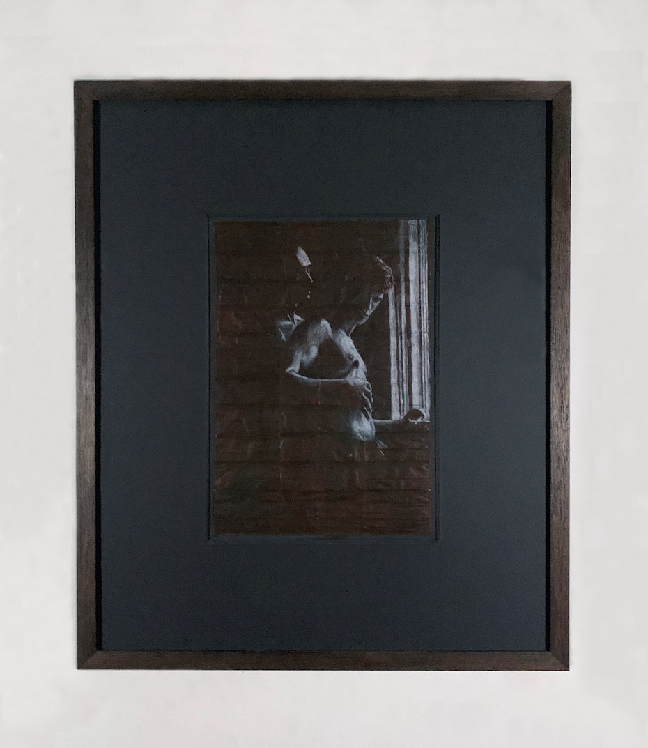Victor and Sam | Coloured pencil on liquorice fag (cigarette) papers | 62.1cm x 51.5cm x 4.3cm   2026 | Framed in stained and waxed wood with anti-reflective, UV-filtering glazing | £2,000.00