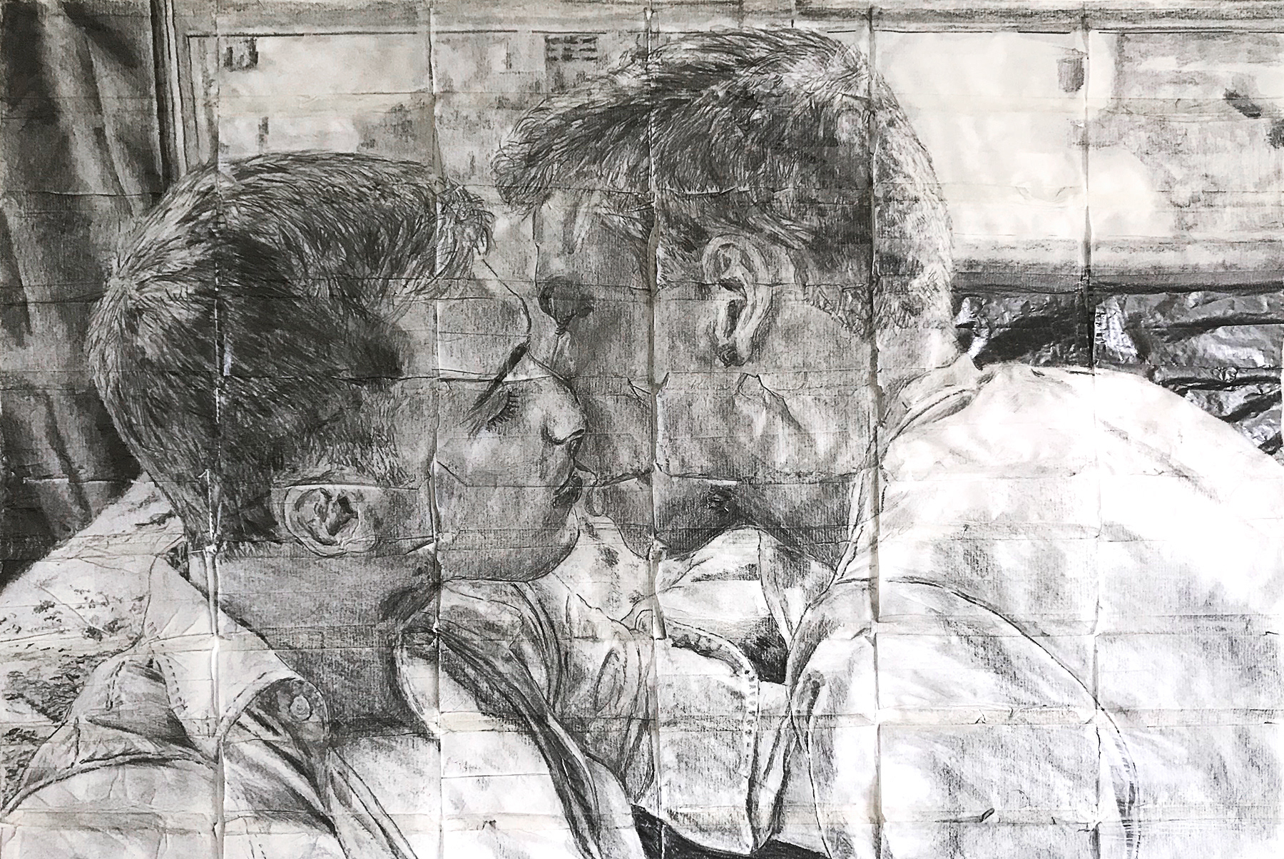 Phil and Jacob | 2020 | Pencil on fag (cigarette) papers | 41cm x 28cm
