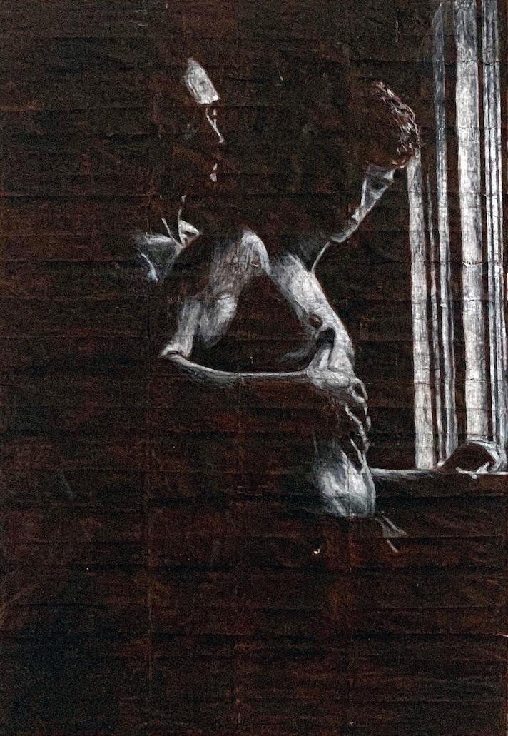 Victor and Sam   |   2026   |   Black and white coloured pencils on liquorice fag (cigarette) papers   |   33cm x 22.9cm